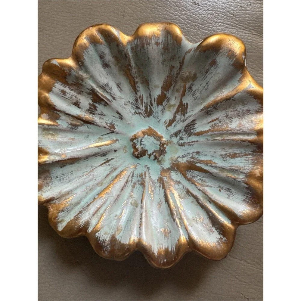 Vintage Stangl Pottery #4036 Flower Bowl Dish Antique Gold & Turquoise 22k Wash